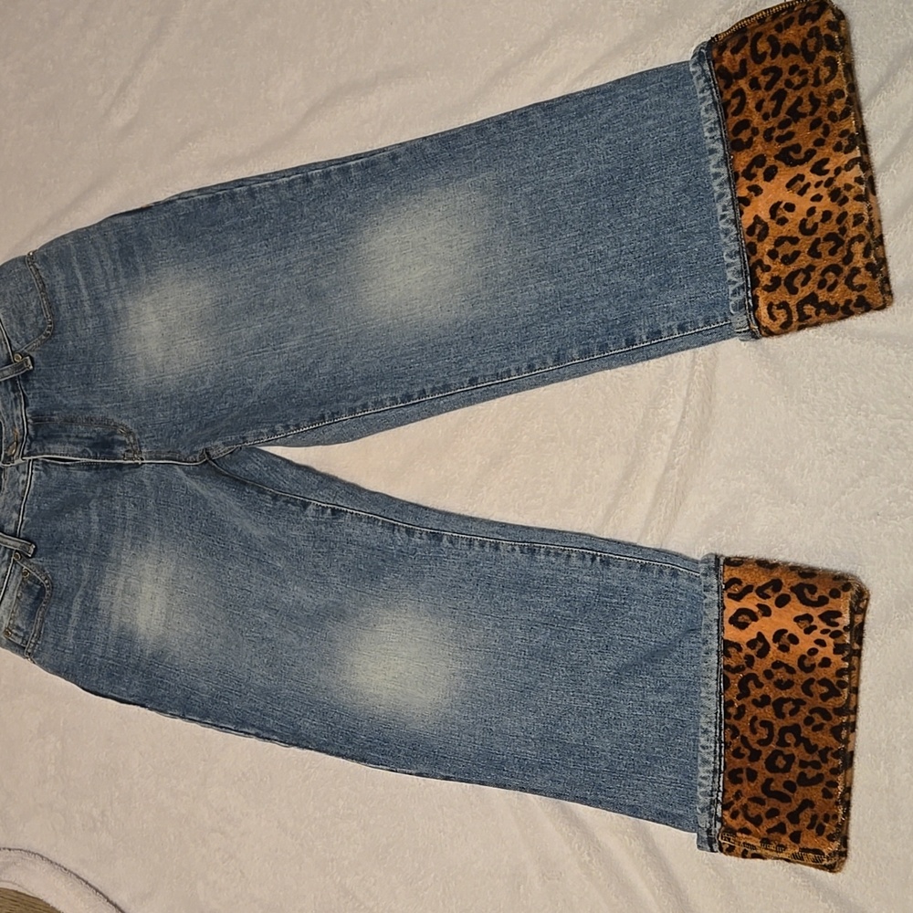 Denim Flare Jeans with Leopard Print Cuffs